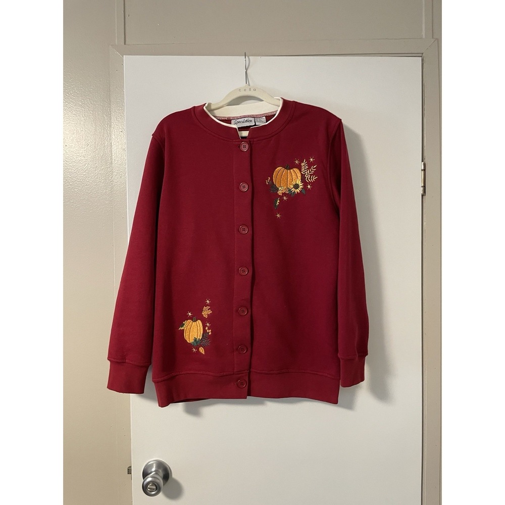 Red Fleece Button Up Fall Pumpkin Embroidered Cardigan Granny Core Sweater